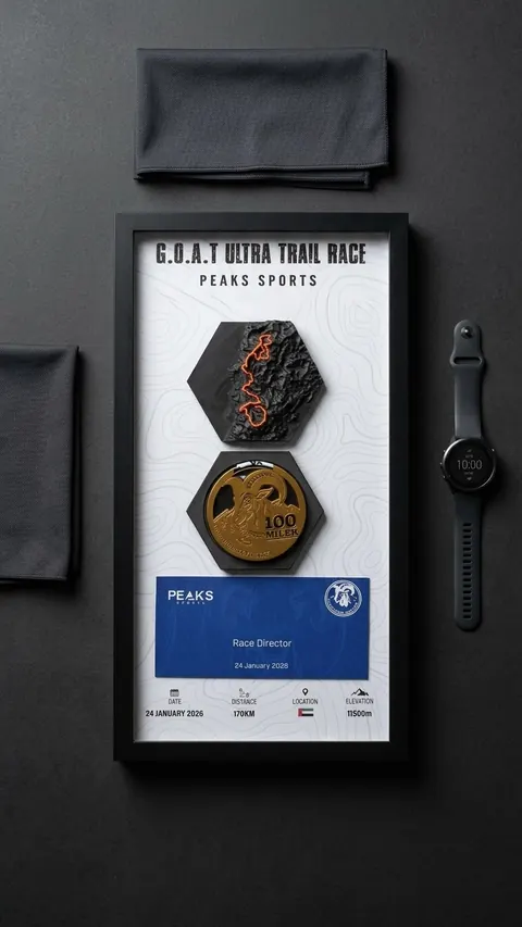 Legacy — 3D-printed topographic frame with medal and race BIB, handmade in Dubai