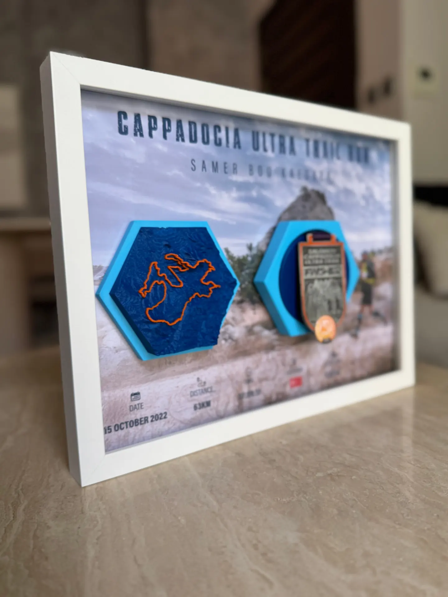 Cappadocia Ultra Trail Run — Angle View — Blue hex relief with orange route line.