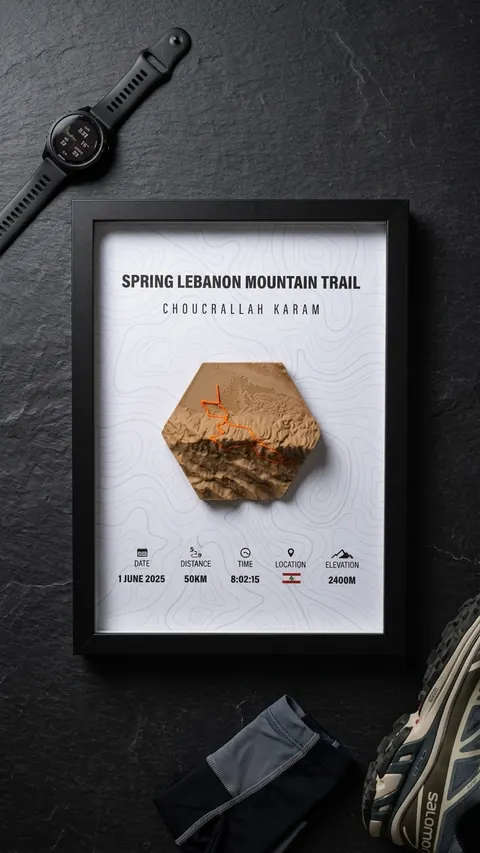 Spring Lebanon Mountain Trail — Framed — Framed relief of the SLMT route — Choucrallah Karam.