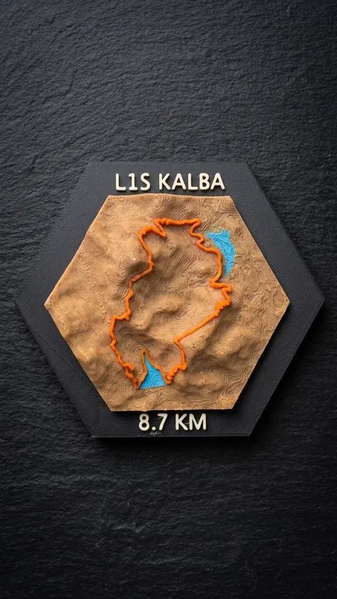 Lis Kalba Hex — 8.7KM — Hex relief plaque of the 8.7KM Kalba route.