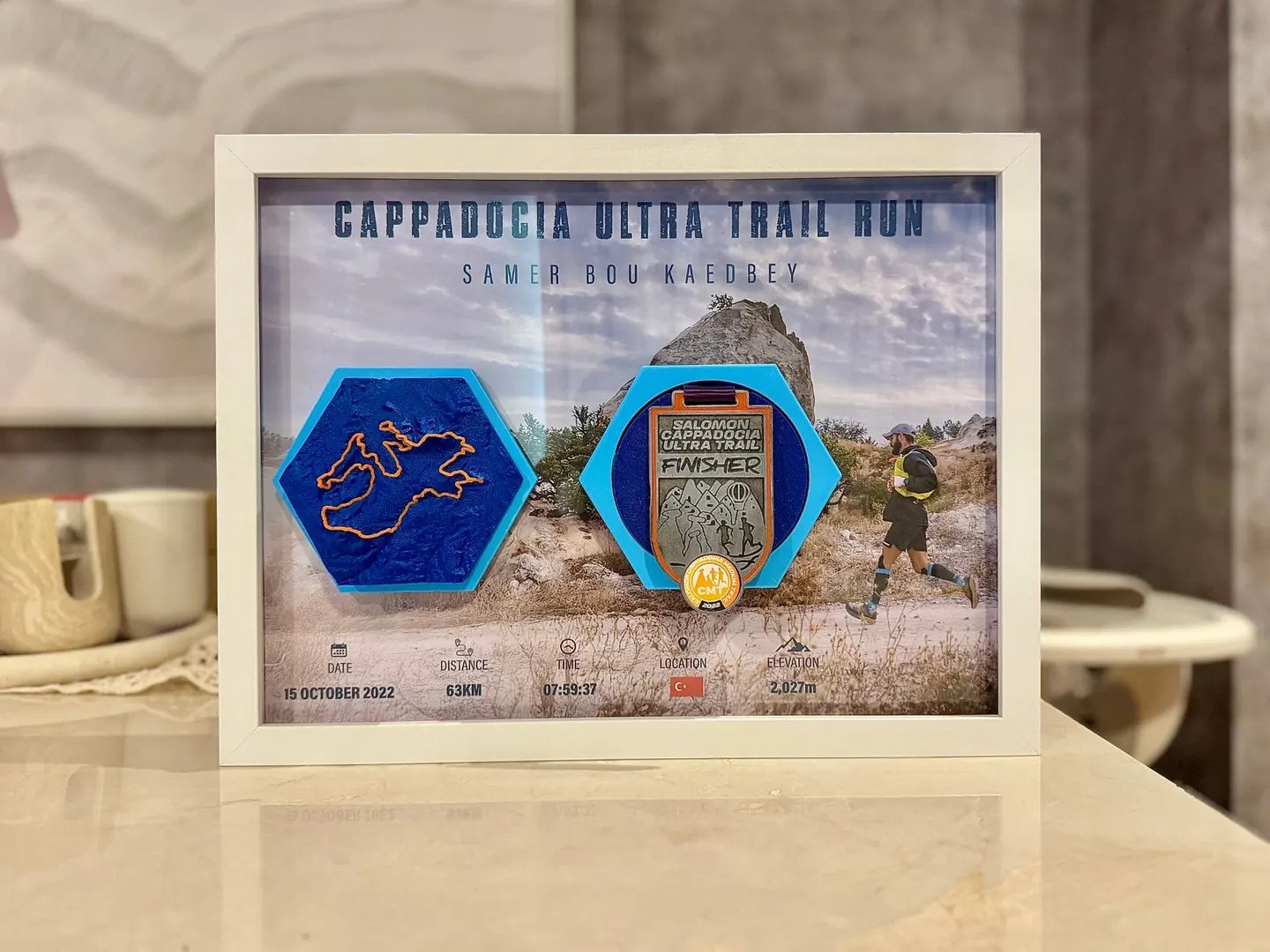 Achiever — 3D-printed topographic frame with race medal, handmade in Dubai