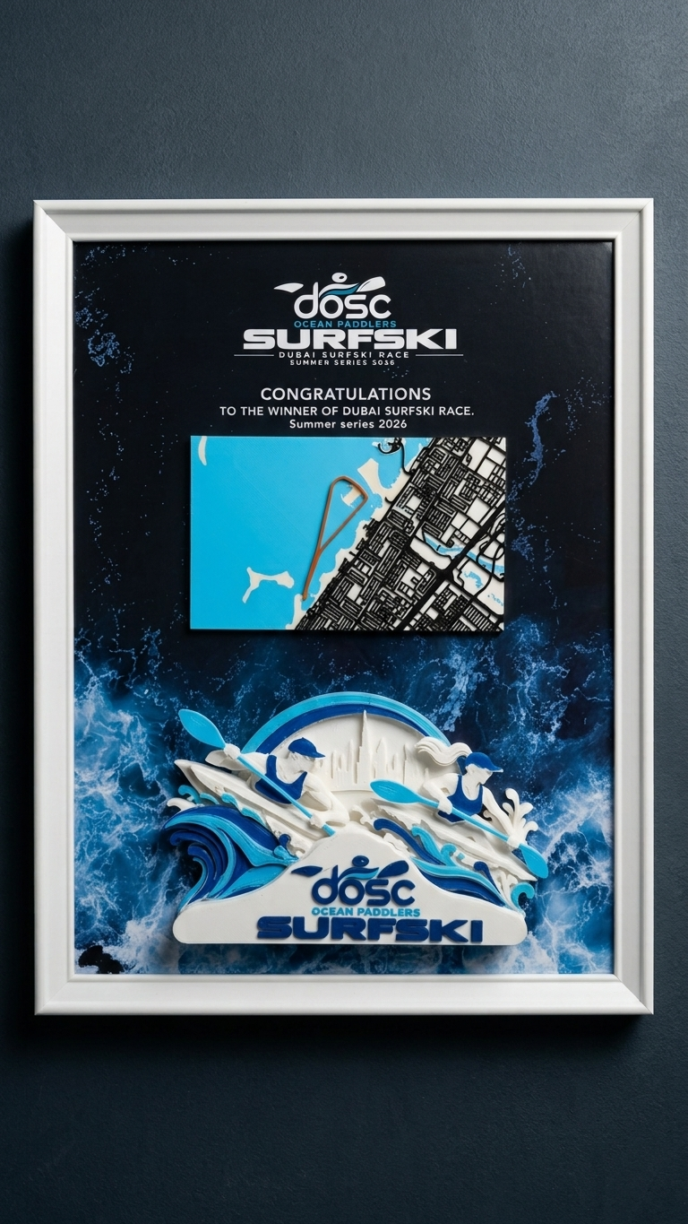 Evara3D DOSC Surfski Dubai winner's frame with 3D route relief — Instagram @evara3d