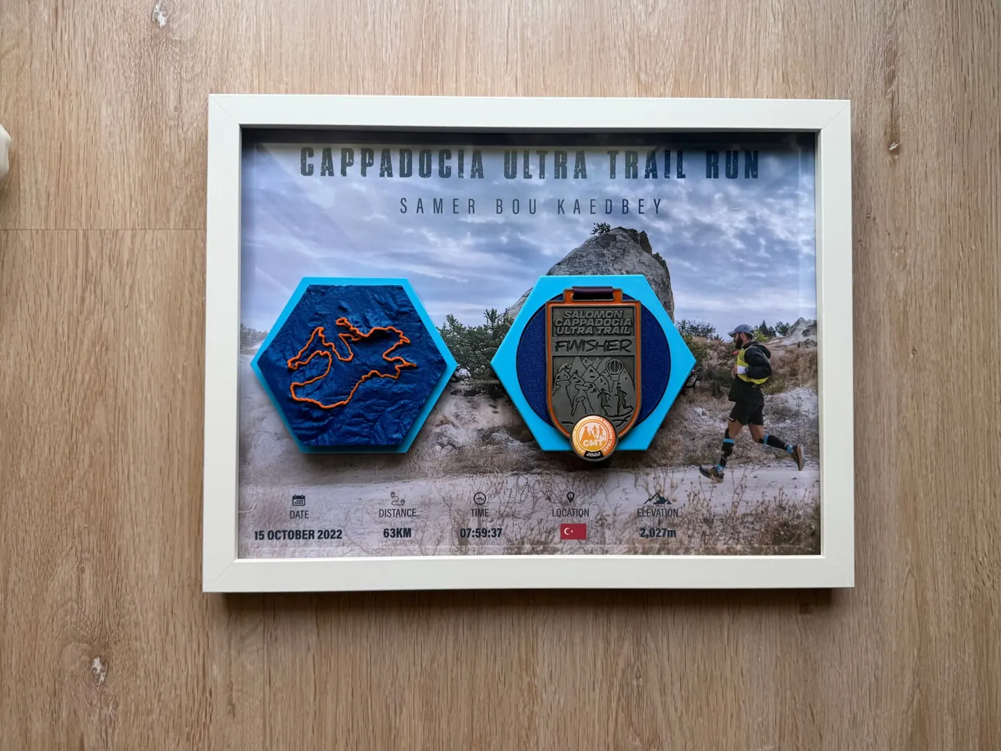 Evara3D Cappadocia Ultra Trail 63KM white frame with finisher medal — Instagram @evara3d