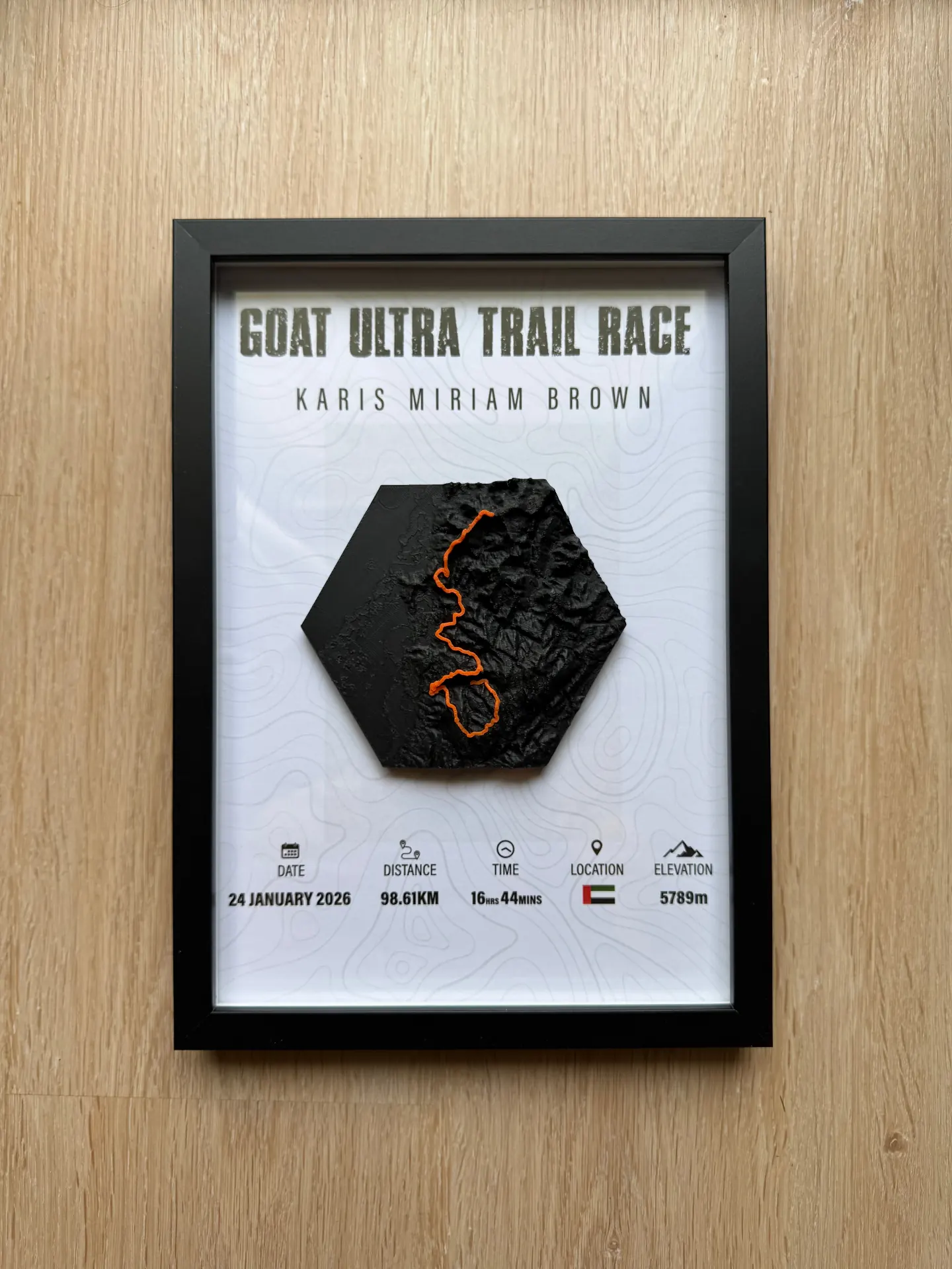 GOAT Ultra Trail Race — Karis Miriam Brown — Black frame with hex relief — 98.61KM.
