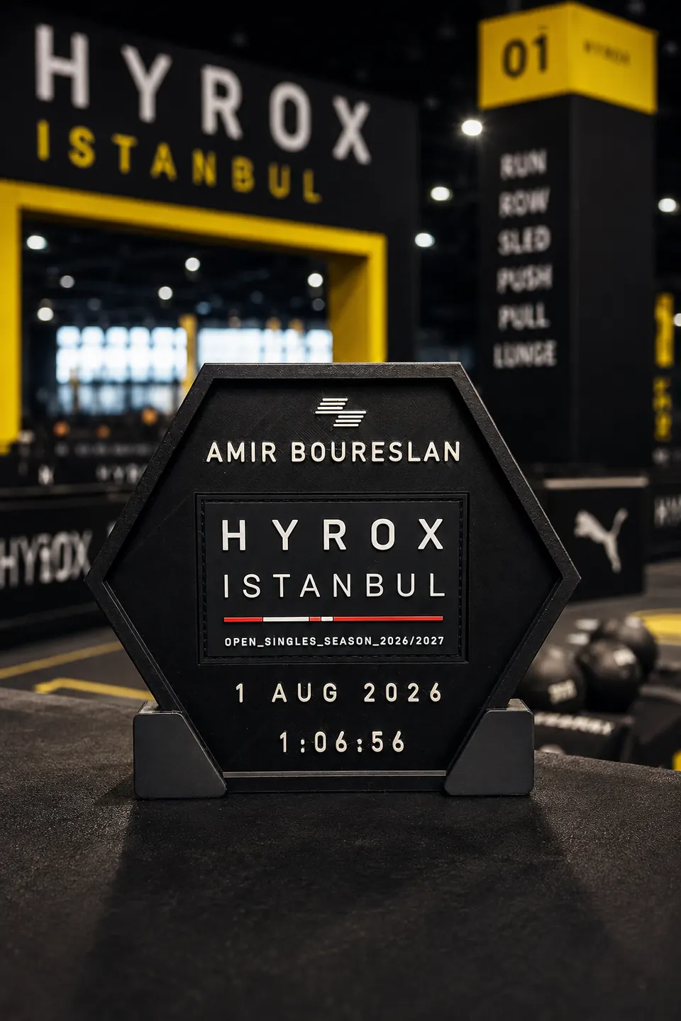 HYROX Istanbul — Amir Boureslan — 3D-printed hex display photographed at the HYROX Istanbul arena.