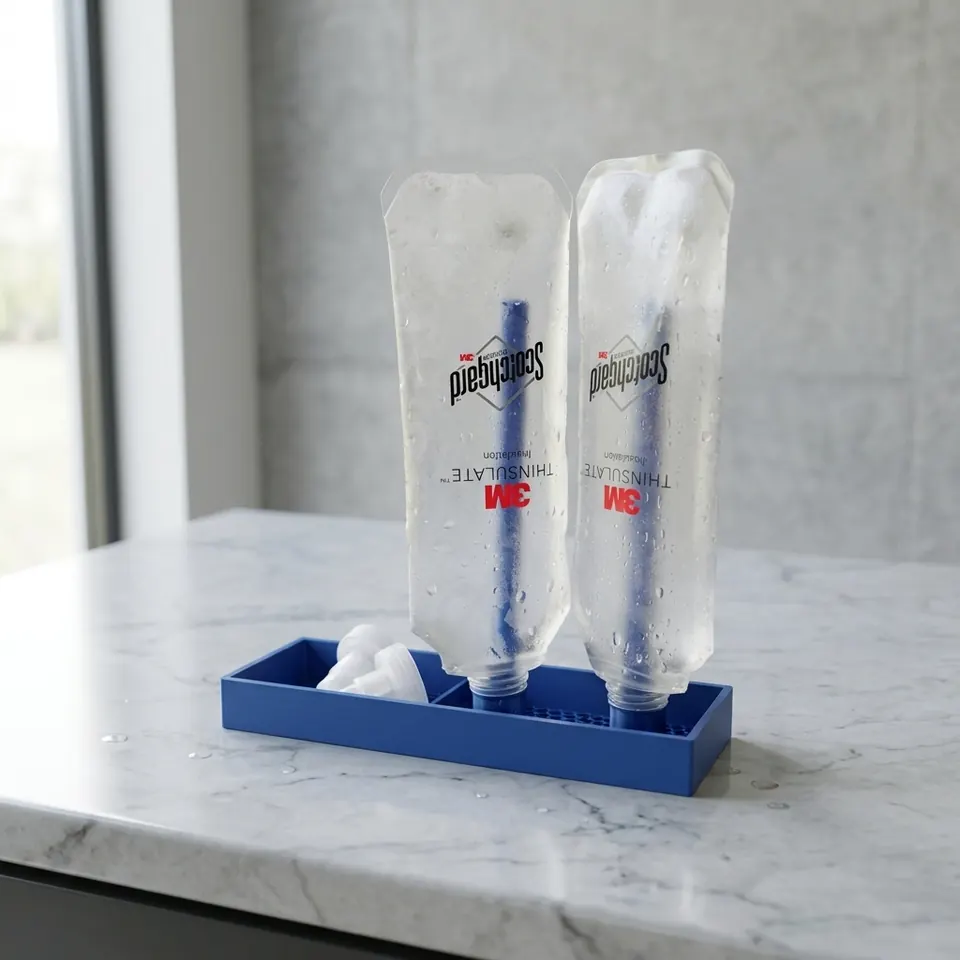 Soft Flask Drying Stand — Kitchen Counter — Blue stand keeping flasks and caps drying on marble.