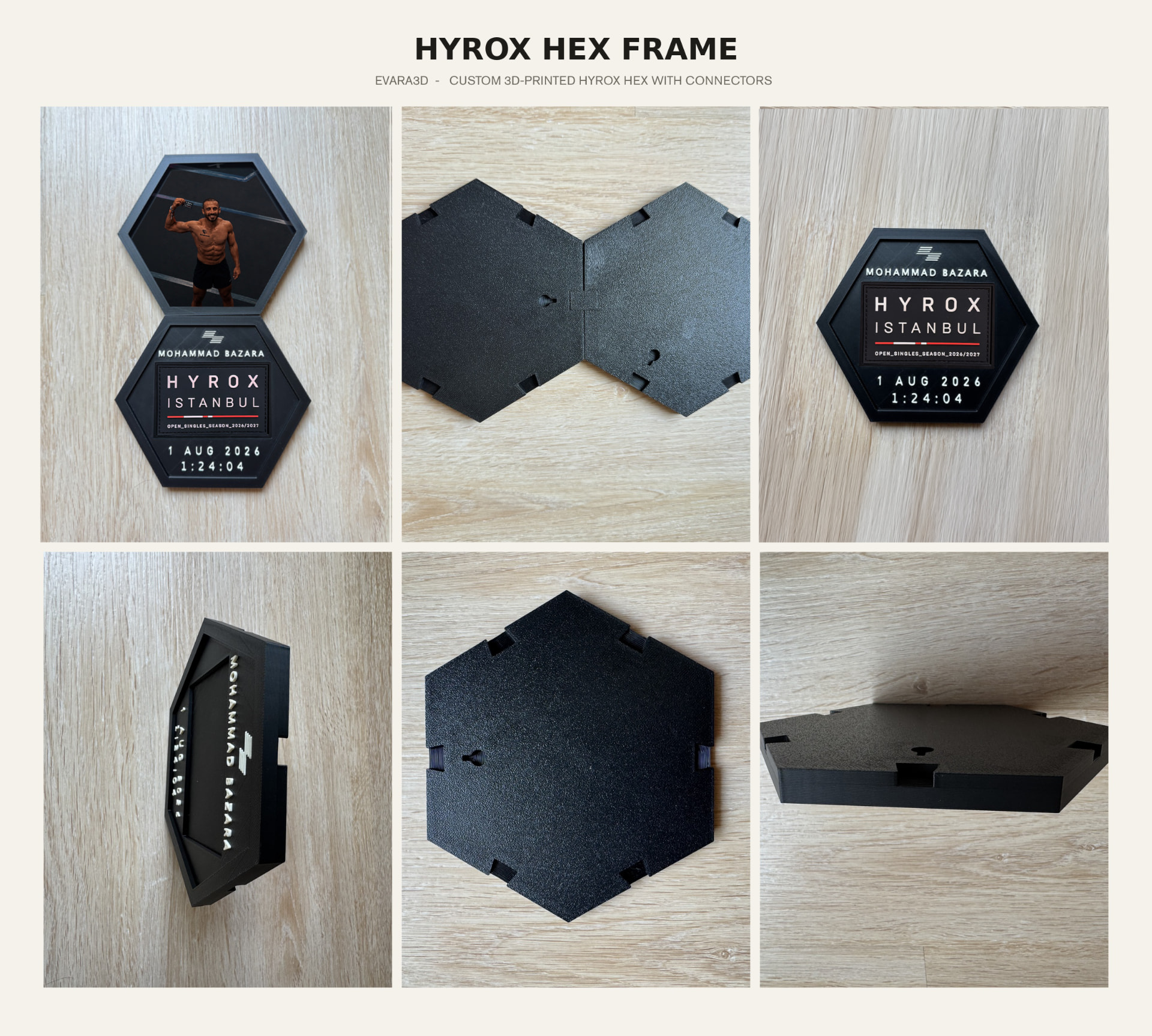 2PC HYROX HEX PATCH DISPLAY & PHOTO WITH CONNECTORS — 3D-printed hexagonal Hyrox race result display