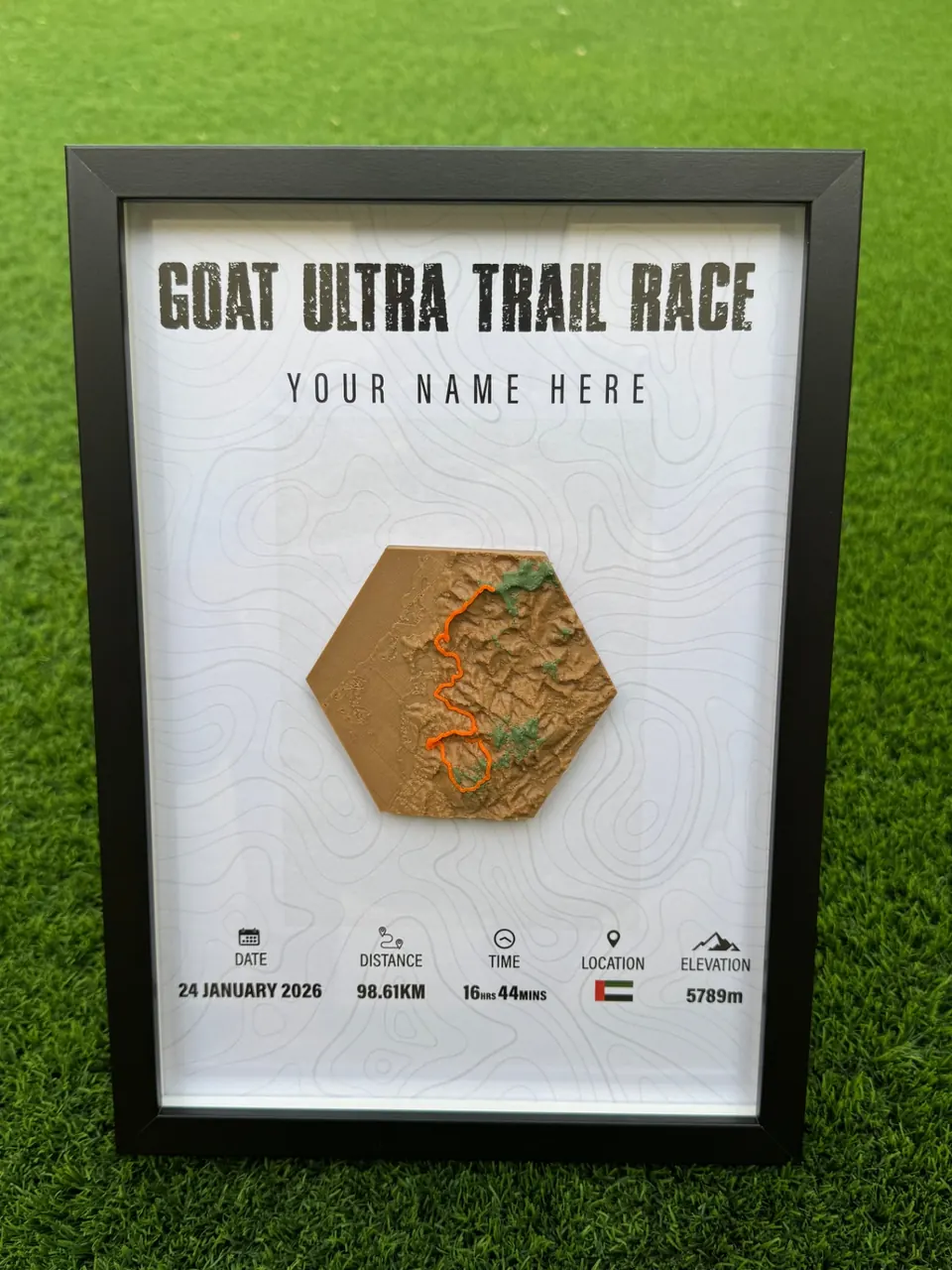 GOAT Ultra Trail Race — 98.61KM ultra in a deep shadow-box frame.