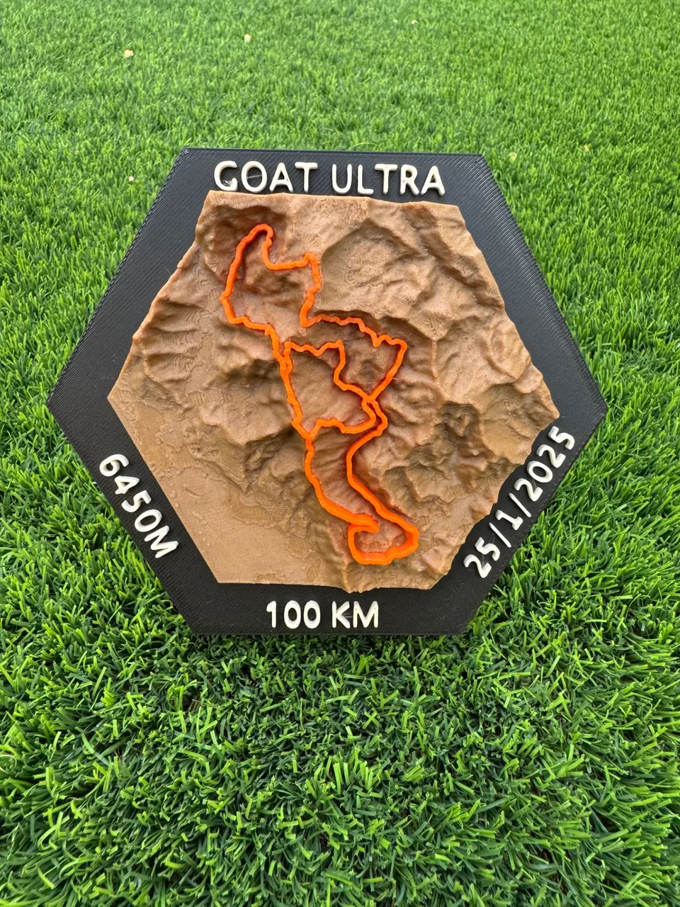 GOAT Ultra Hex — Standalone hex plaque — 100KM, 6450M elevation.