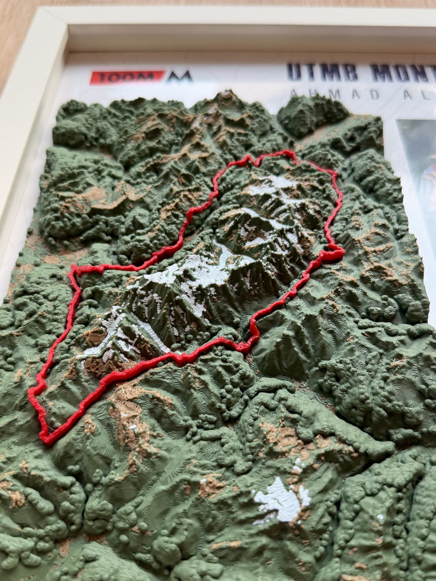 UTMB Mont Blanc — 3D Relief — 3D-printed Alpine terrain with the red route line tracing the Mont Blanc loop.
