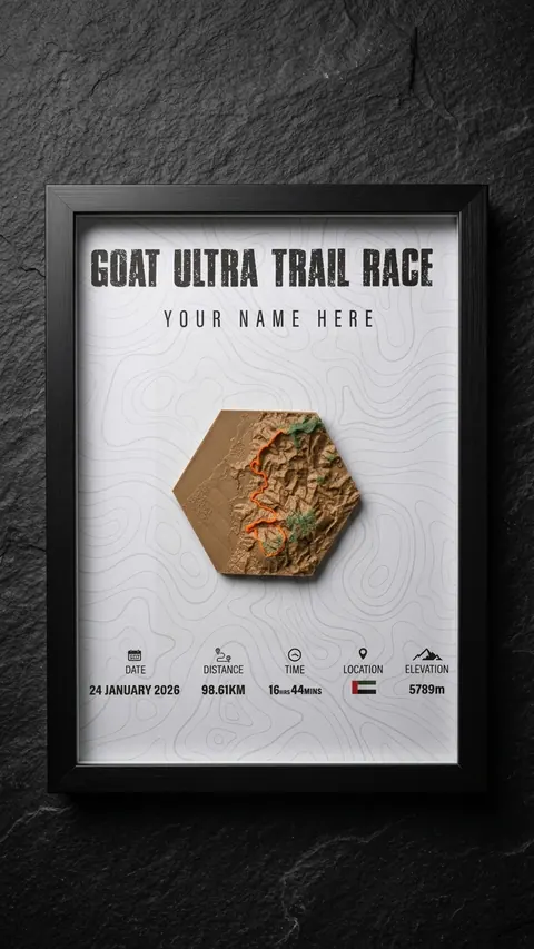 GOAT Ultra Trail Race — Framed — 98.61KM ultra in a deep shadow-box frame.