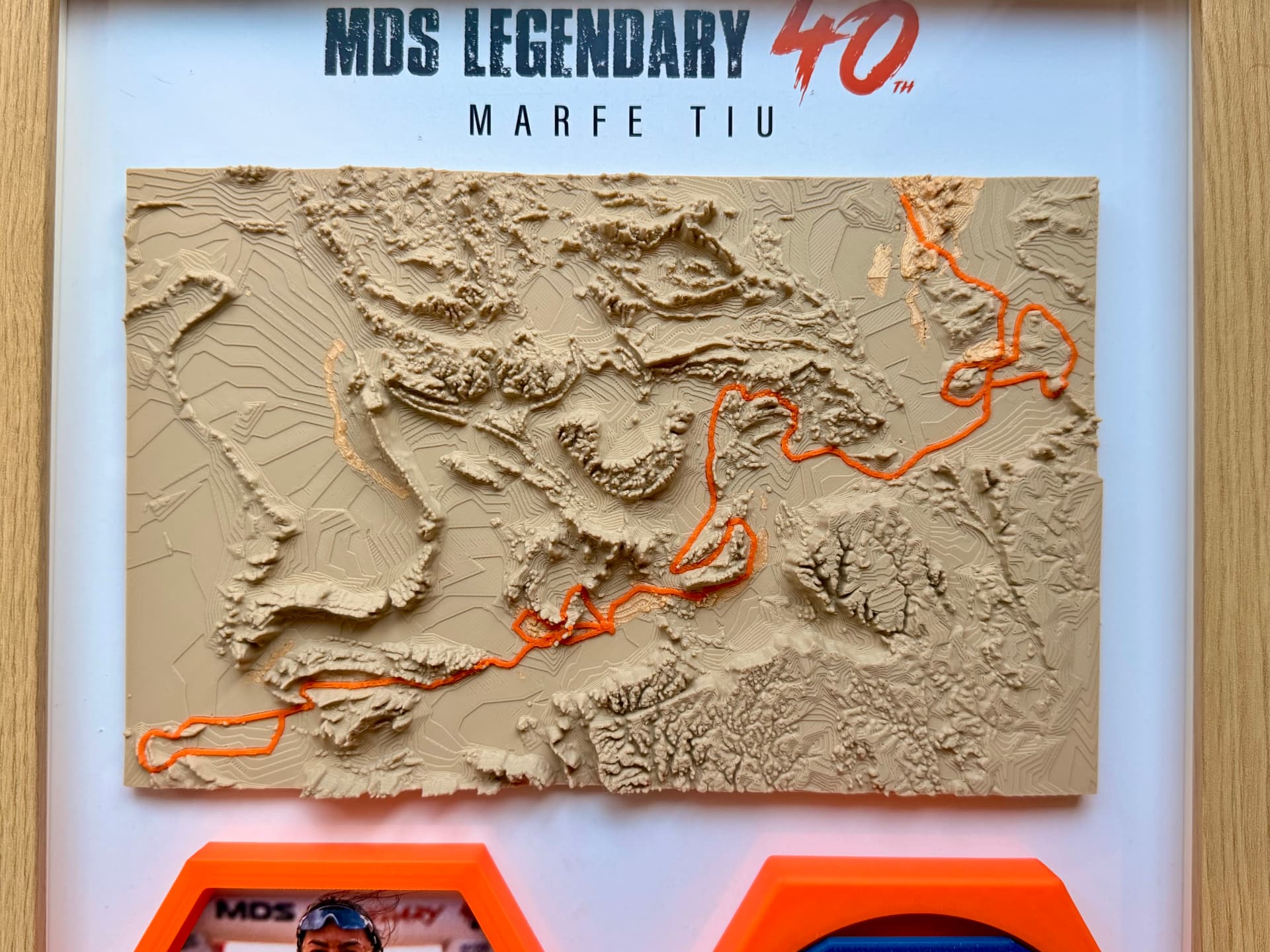MDS Legendary 40th — 3D Relief — 3D-printed Sahara terrain with the orange route line across 270KM.
