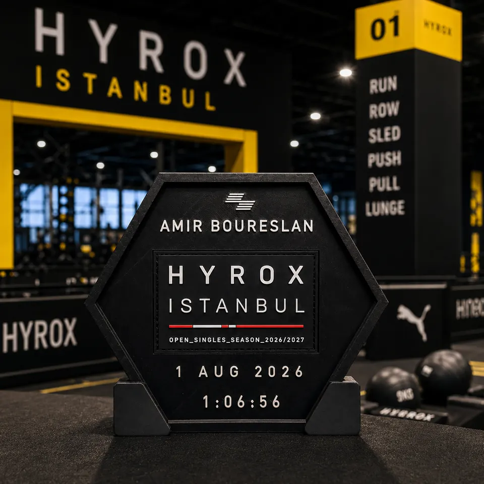 HYROX HEX DISPLAY WITH STAND — 3D-printed hexagonal Hyrox race result display